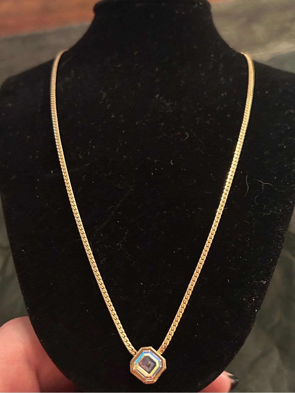 Avon Gold Tone Necklace with Hexagonal Iridescent Pendant - Women Jewelry